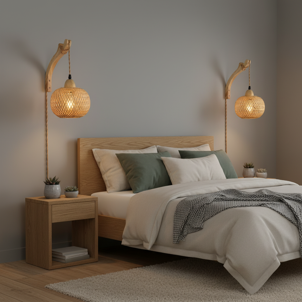 Pastorale Wandleuchte | Hanfseil und Bambus Design